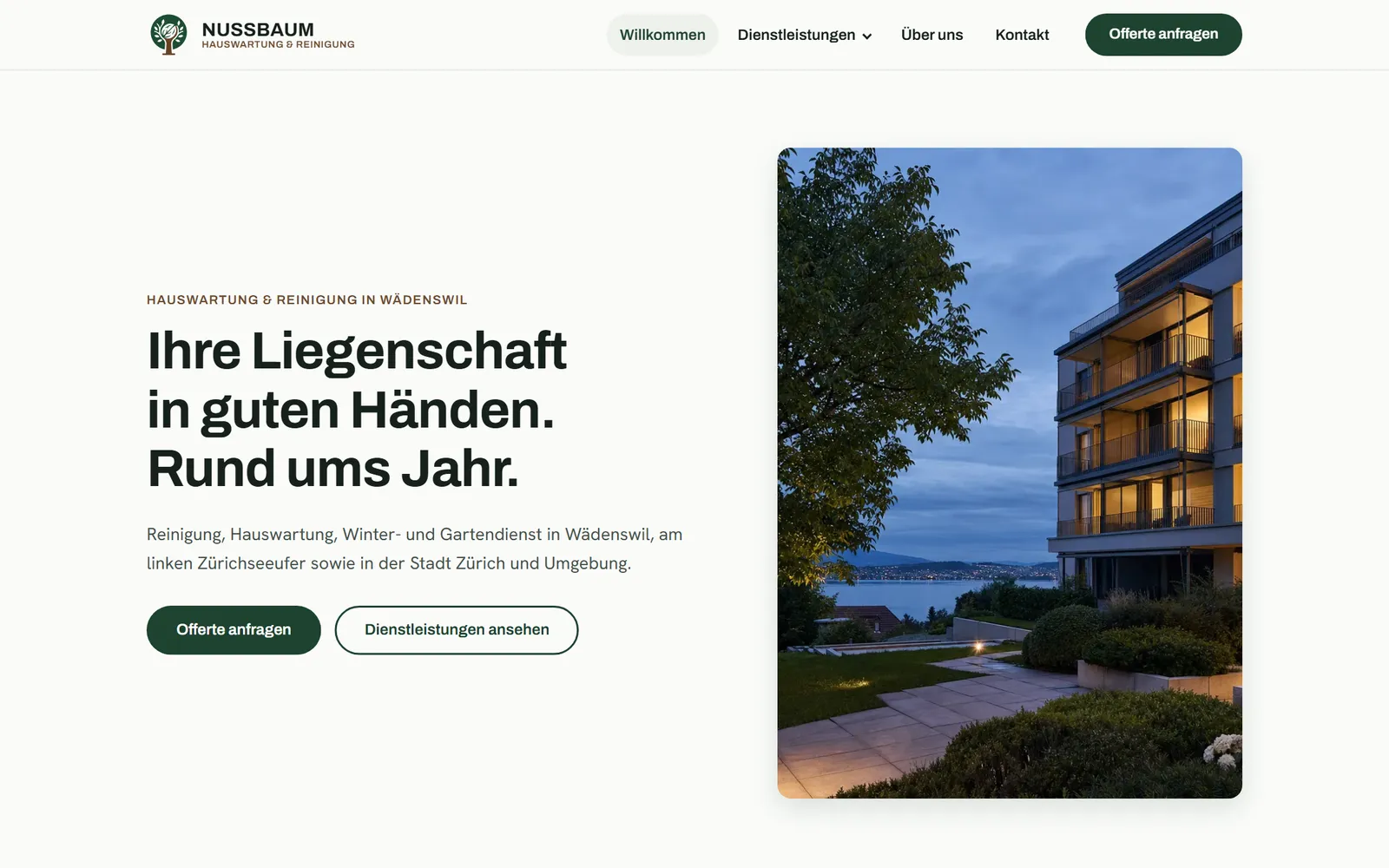 Nussbaum Hauswartungen: Startseite auf dem Desktop