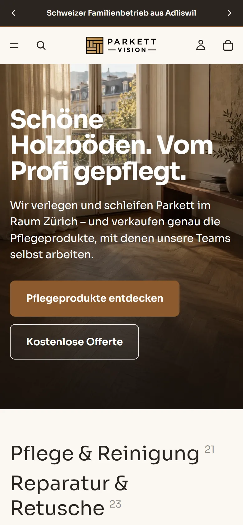 Parkett Vision Shop: Startseite auf dem Smartphone