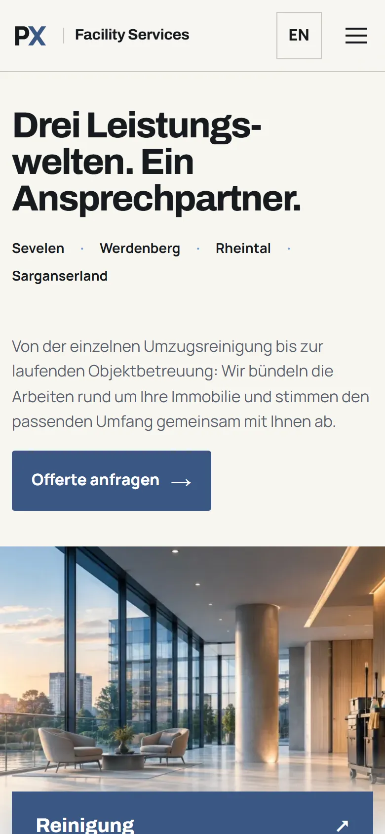 PX Facility Services: Startseite auf dem Smartphone