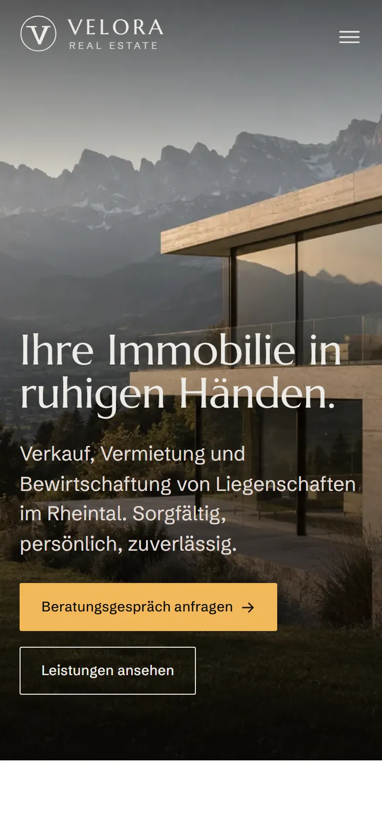 Velora Real Estate: Startseite auf dem Smartphone